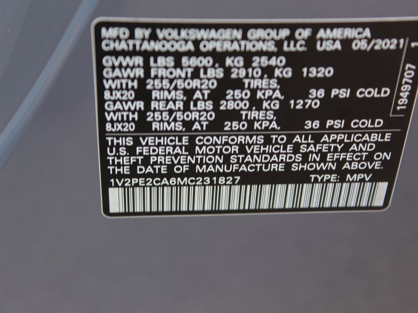 2021 VOLKSWAGEN ATLAS CROSS SPORT 3.6L V6 SE W 1V2PE2CA6MC231827