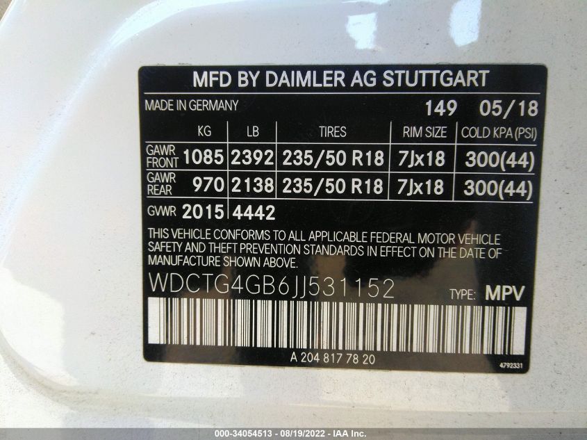 2018 MERCEDES-BENZ GLA GLA 250 WDCTG4GB6JJ531152