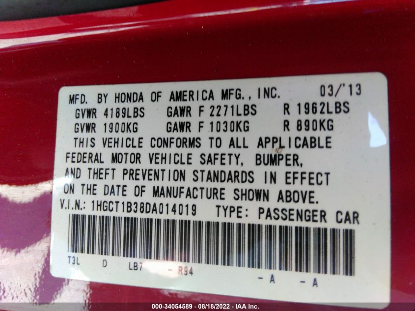 2013 HONDA ACCORD CPE LX-S 1HGCT1B38DA014019