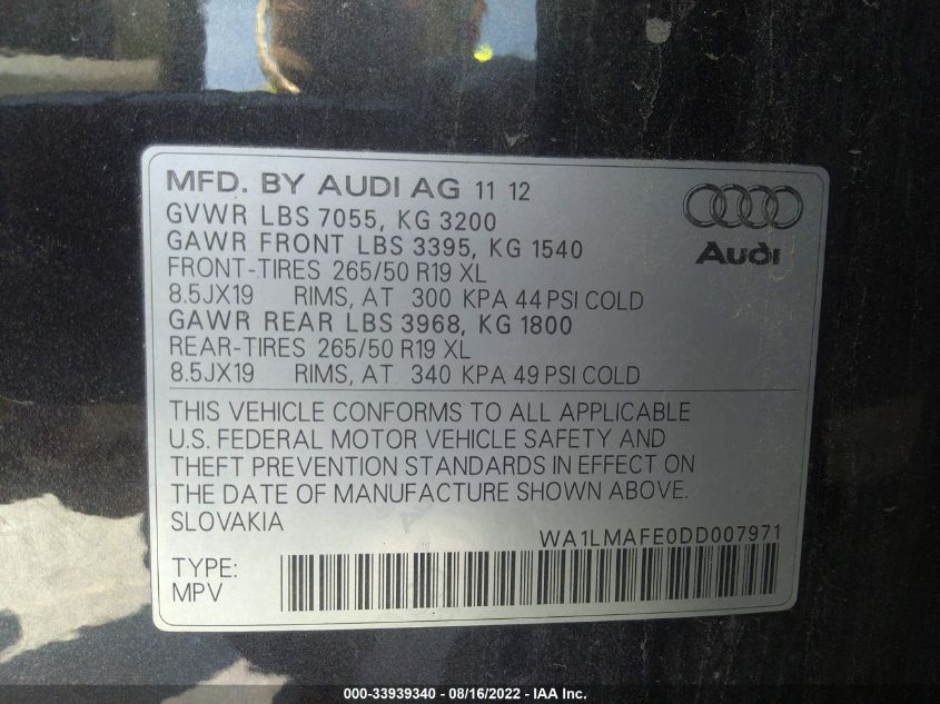 2013 AUDI Q7 3.0L TDI PREMIUM PLUS WA1LMAFE0DD007971