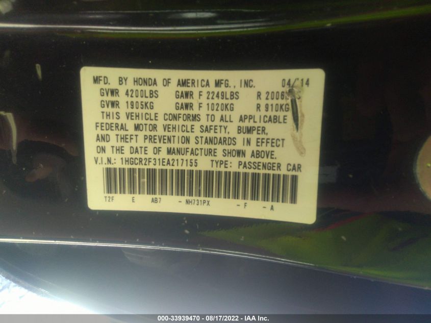 2014 HONDA ACCORD LX 1HGCR2F31EA217155