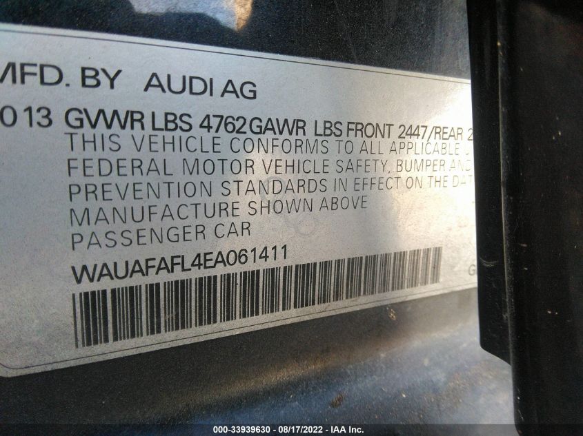 2014 AUDI A4 PREMIUM WAUAFAFL4EA061411