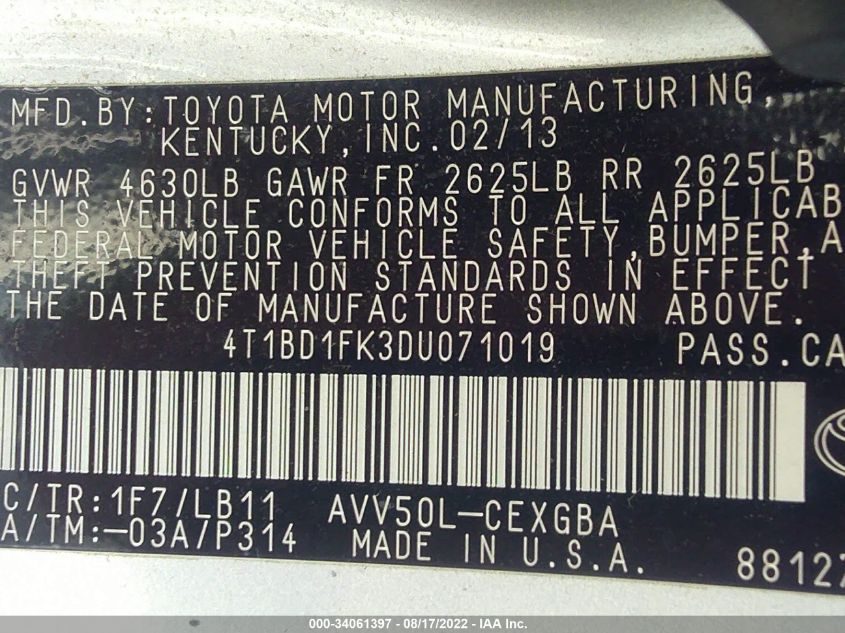 2013 TOYOTA CAMRY HYBRID LE/XLE 4T1BD1FK3DU071019