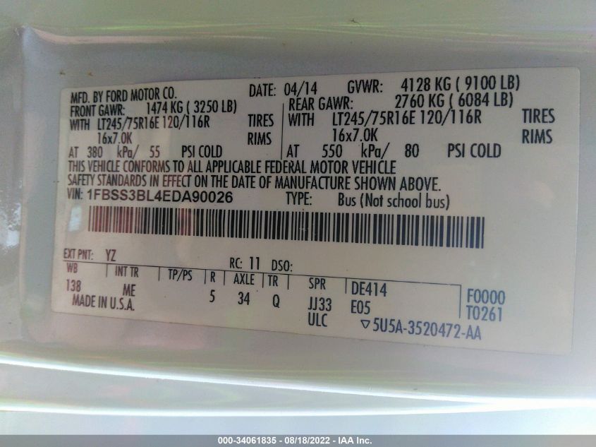 2014 FORD ECONOLINE WAGON XL/XLT 1FBSS3BL4EDA90026