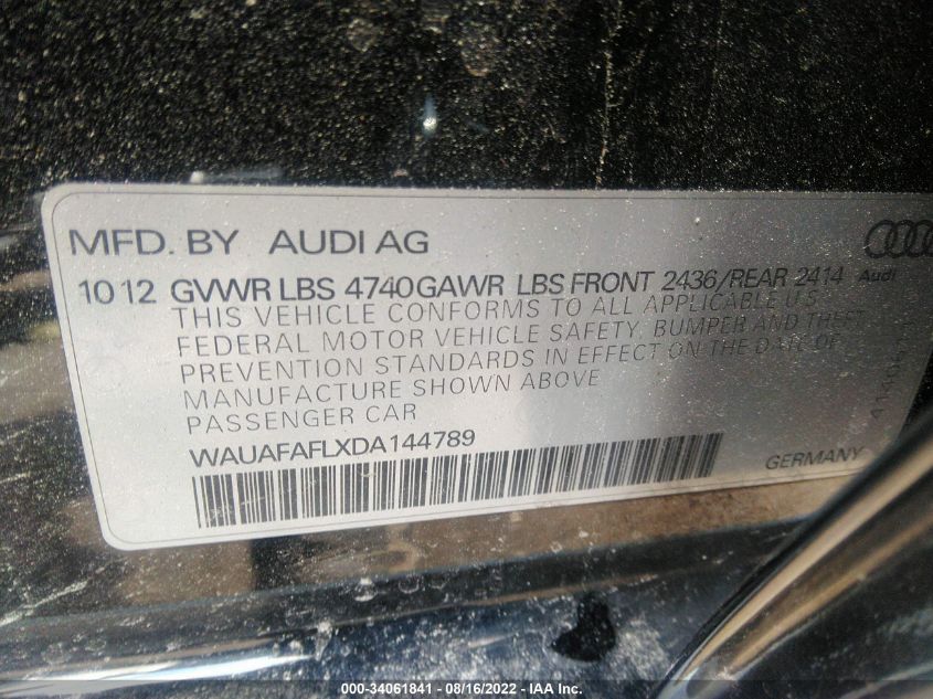 2013 AUDI A4 PREMIUM WAUAFAFLXDA144789