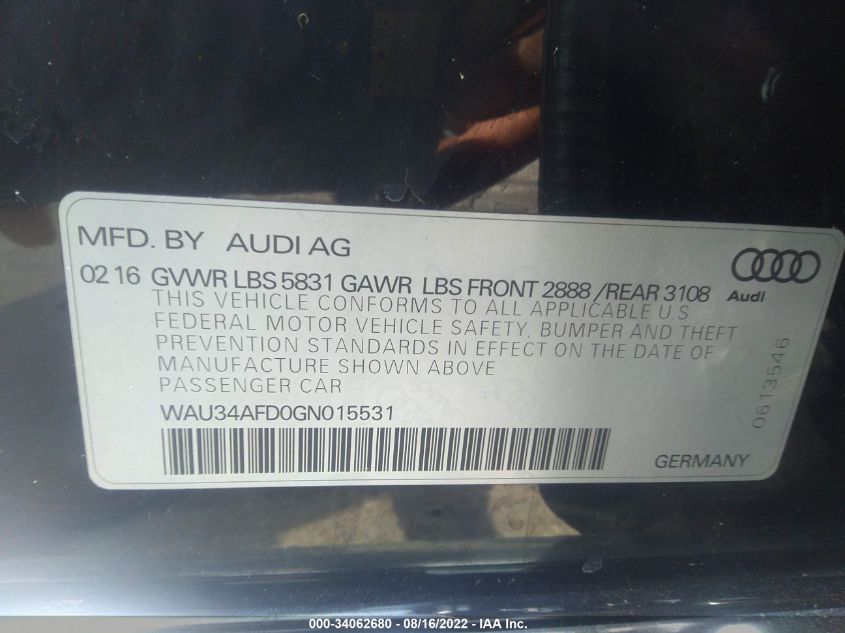 2016 AUDI A8 L 3.0T WAU34AFD0GN015531
