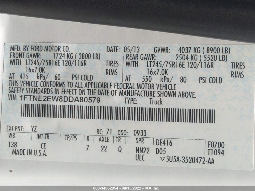 2013 FORD ECONOLINE CARGO VAN COMMERCIAL/RECREATIONAL 1FTNE2EW8DDA80579
