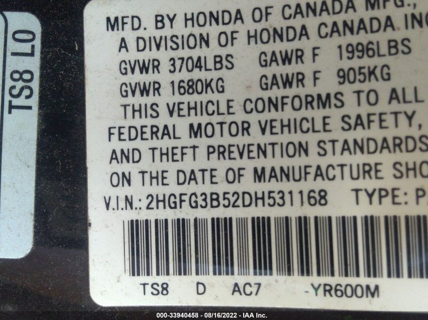 2013 HONDA CIVIC CPE LX 2HGFG3B52DH531168