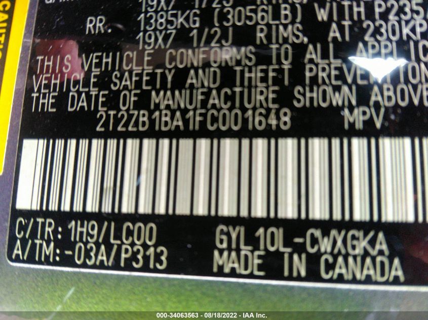 2015 LEXUS RX 450H 2T2ZB1BA1FC001648