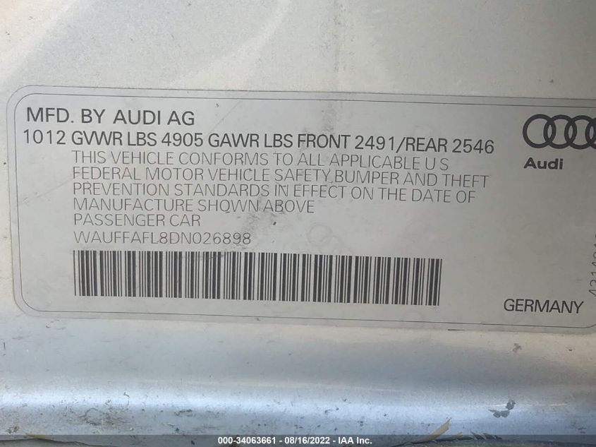 2013 AUDI A4 PREMIUM PLUS WAUFFAFL8DN026898