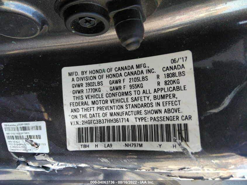 2017 HONDA CIVIC COUPE EX-T 2HGFC3B37HH361714
