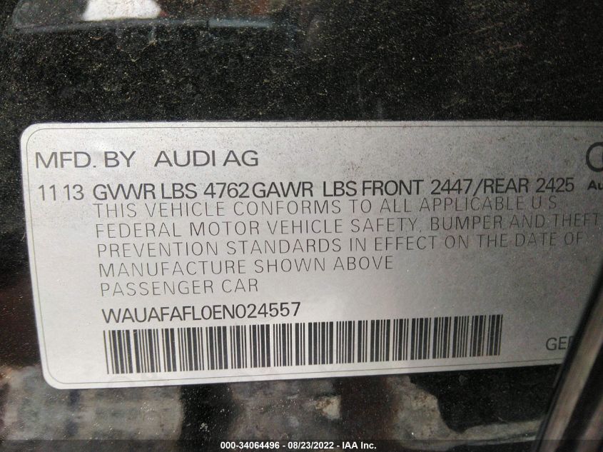 2014 AUDI A4 PREMIUM WAUAFAFL0EN024557
