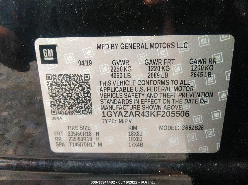 2019 CADILLAC XT4 FWD LUXURY 1GYAZAR43KF205506