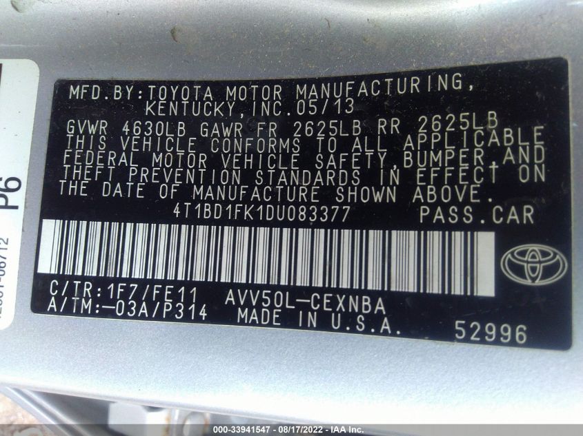 2013 TOYOTA CAMRY HYBRID LE/XLE 4T1BD1FK1DU083377