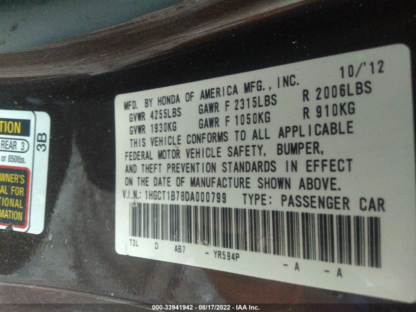 2013 HONDA ACCORD CPE EX 1HGCT1B78DA000799