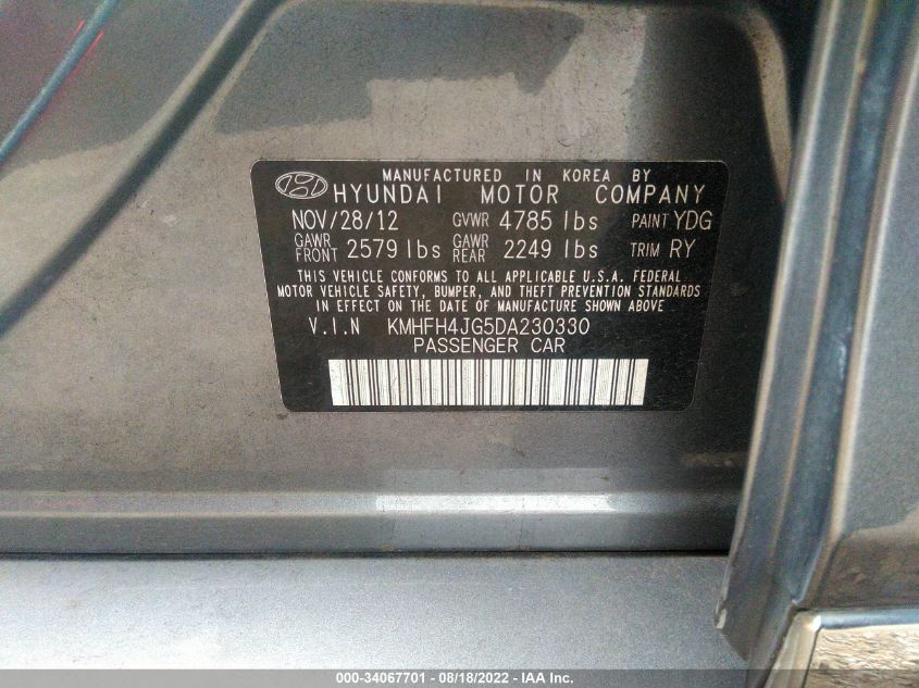 2013 HYUNDAI AZERA KMHFH4JG5DA230330