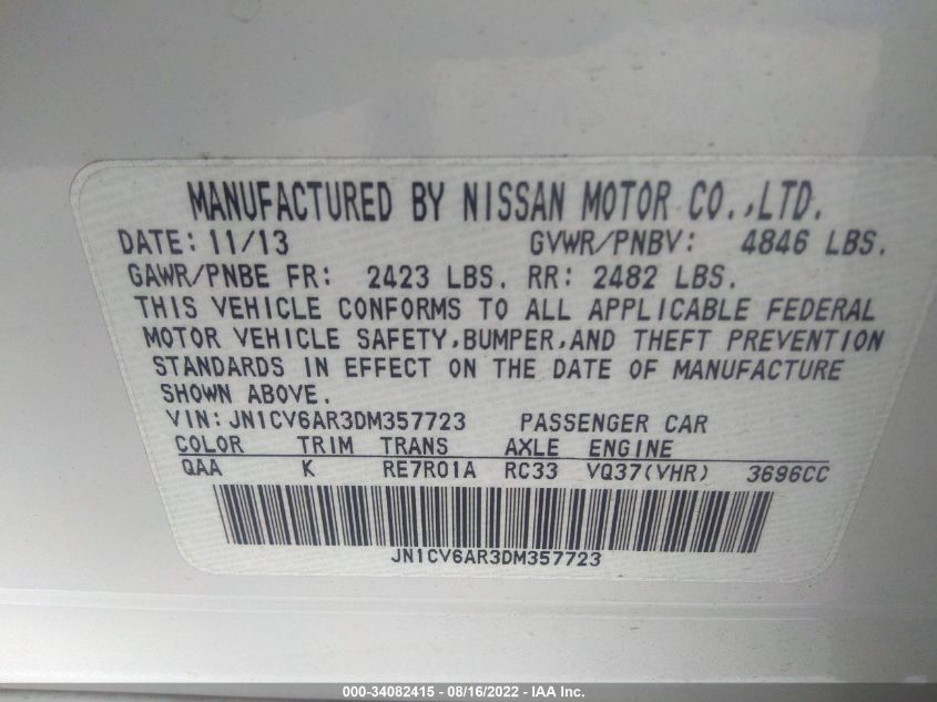 2013 INFINITI G37 SEDAN X JN1CV6AR3DM357723