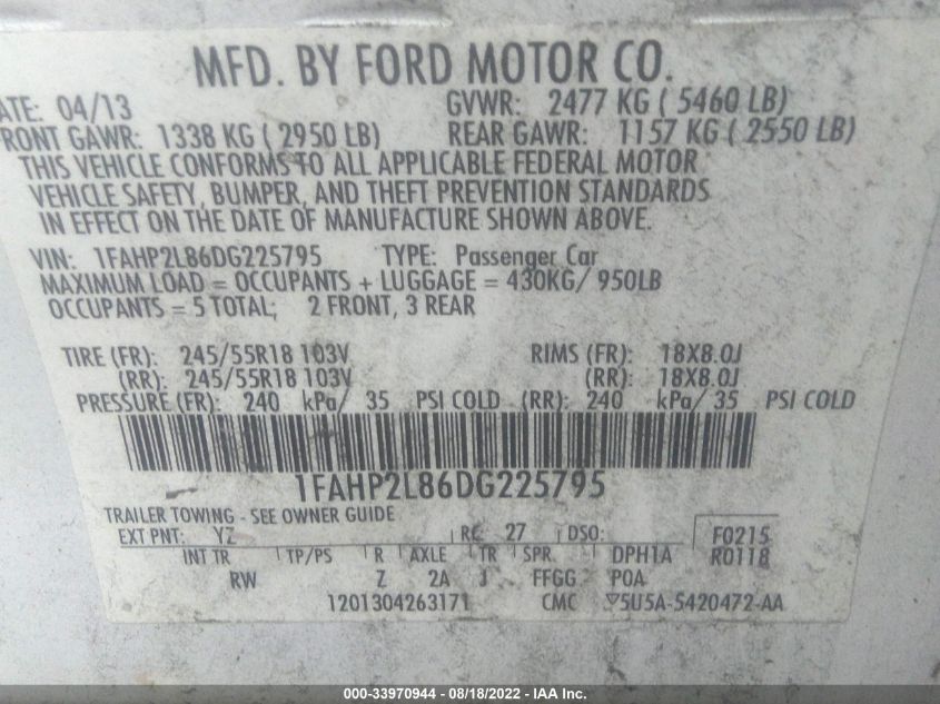 2013 FORD SEDAN POLICE INTERCEPTOR 1FAHP2L86DG225795