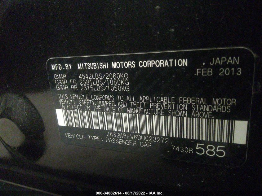 2013 MITSUBISHI LANCER EVOLUTION GSR JA32W8FV6DU023272