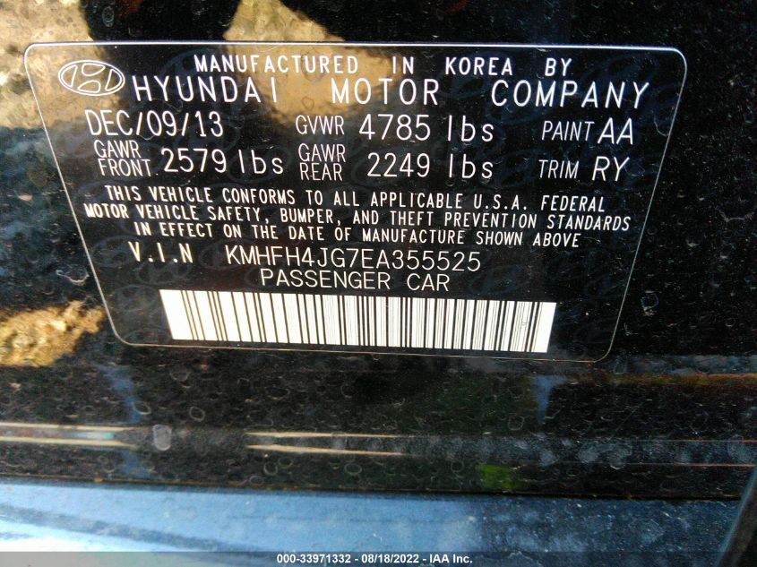 2014 HYUNDAI AZERA GLS/LIMITED KMHFH4JG7EA355525