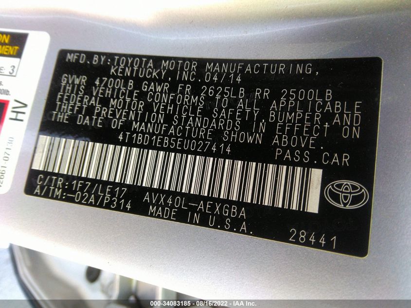 2014 TOYOTA AVALON HYBRID LIMITED/XLE TOURING 4T1BD1EB5EU027414