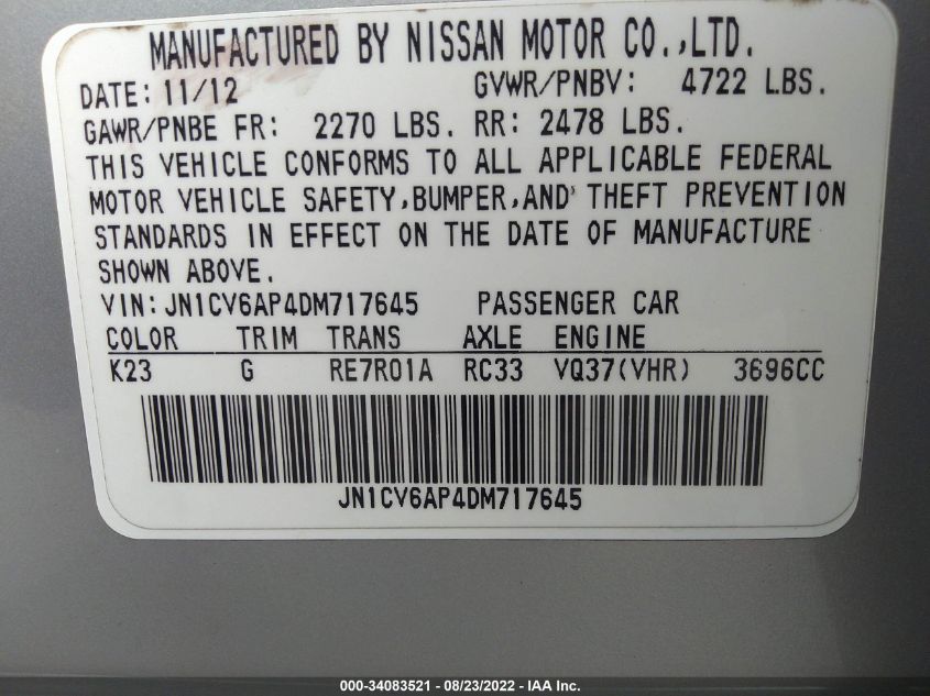 2013 INFINITI G37 SEDAN JOURNEY JN1CV6AP4DM717645