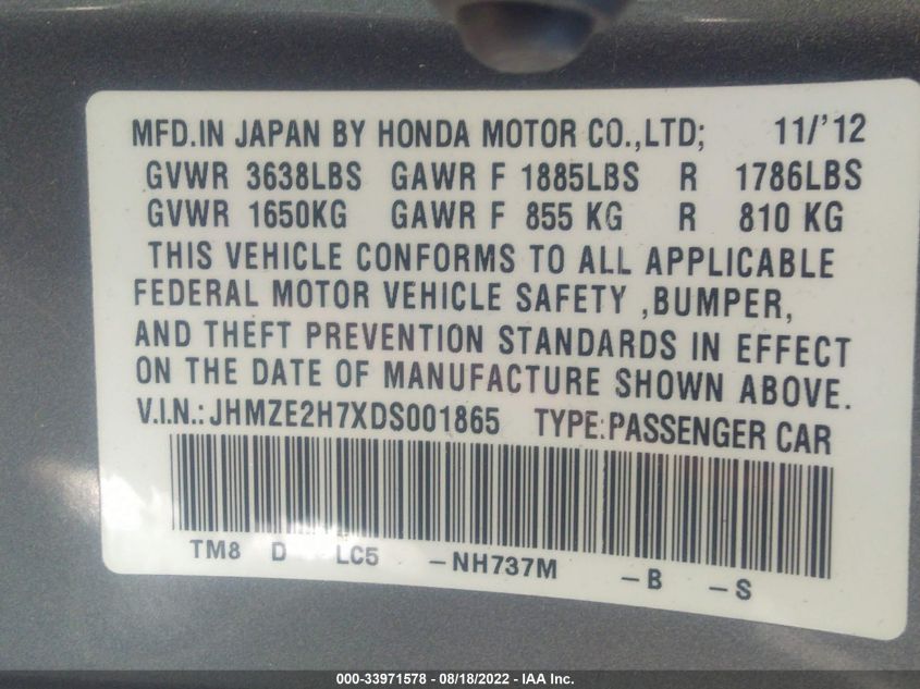2013 HONDA INSIGHT EX JHMZE2H7XDS001865