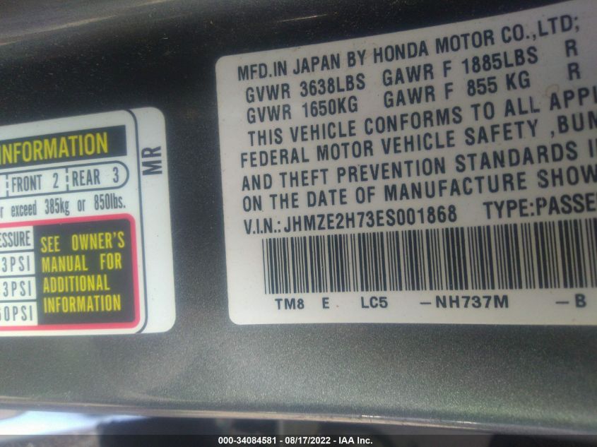 2014 HONDA INSIGHT EX JHMZE2H73ES001868