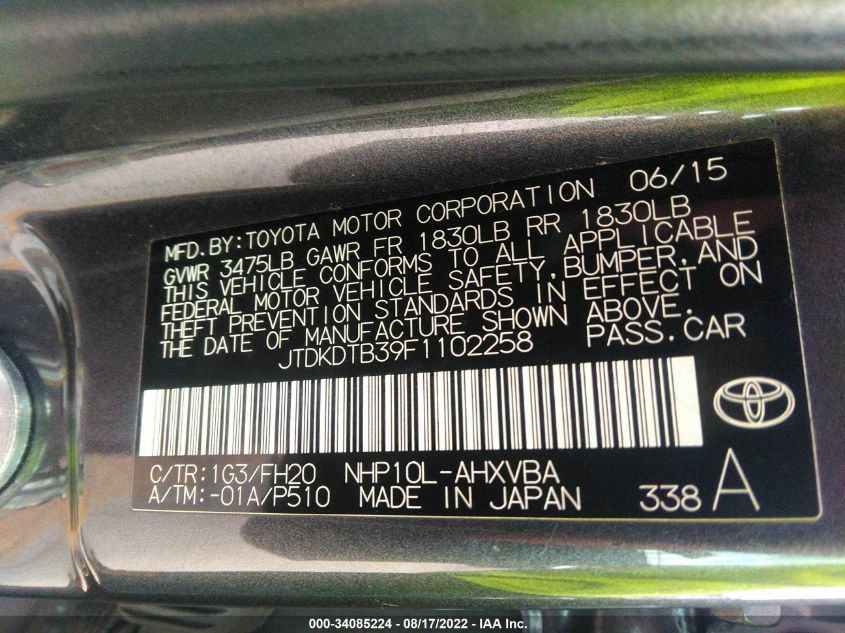 2015 TOYOTA PRIUS C TWO JTDKDTB39F1102258