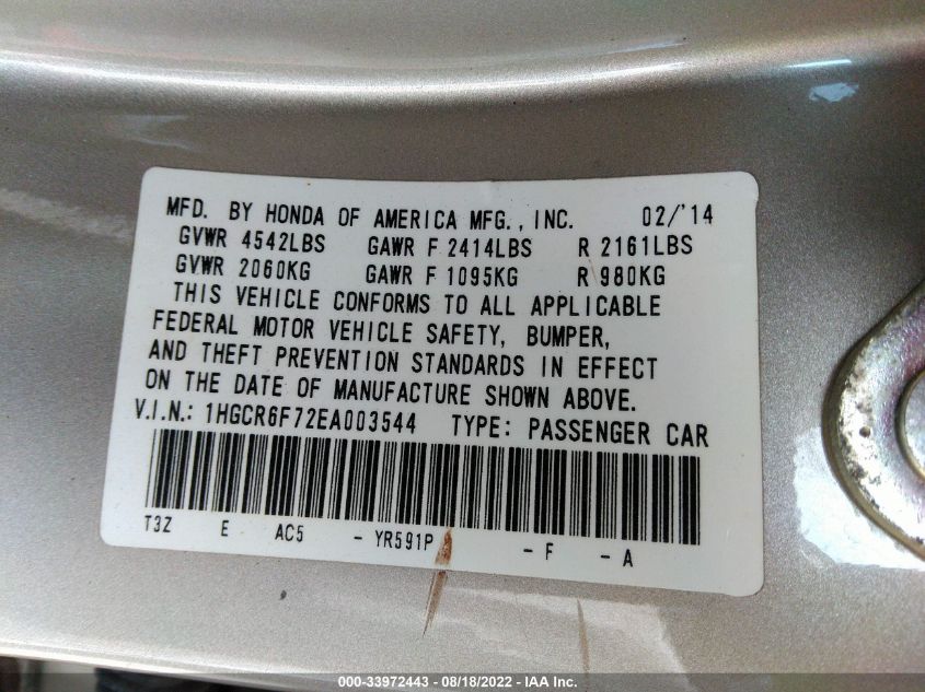 2014 HONDA ACCORD HYBRID TOURING 1HGCR6F72EA003544