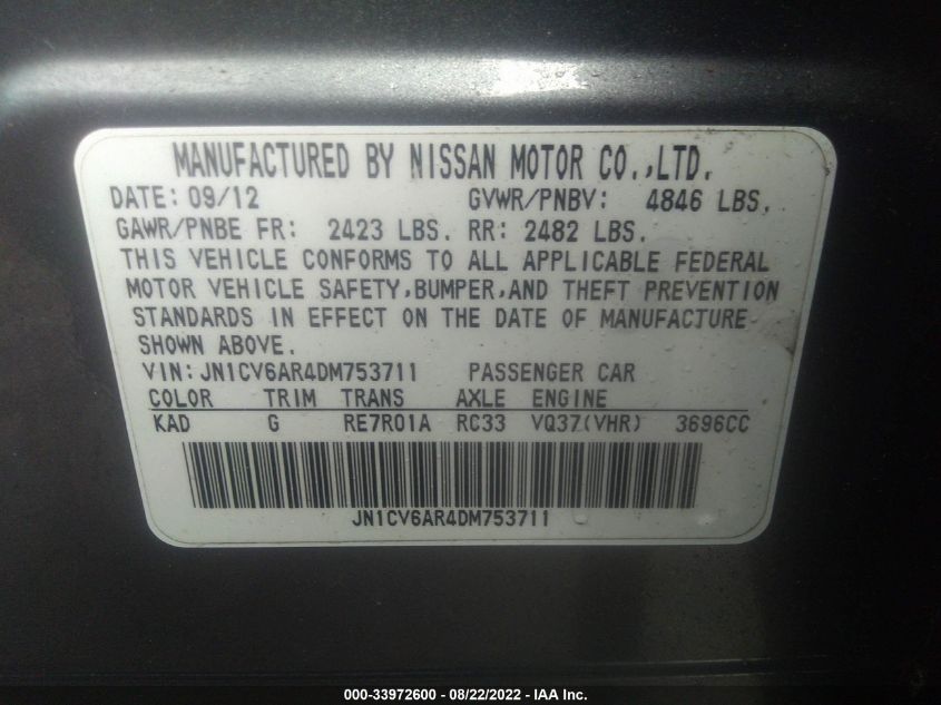 2013 INFINITI G37 SEDAN X JN1CV6AR4DM753711