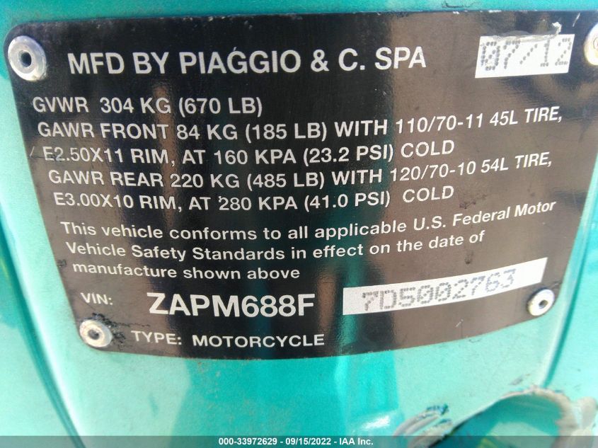 2013 VESPA LX 150IE ZAPM688F7D5002763