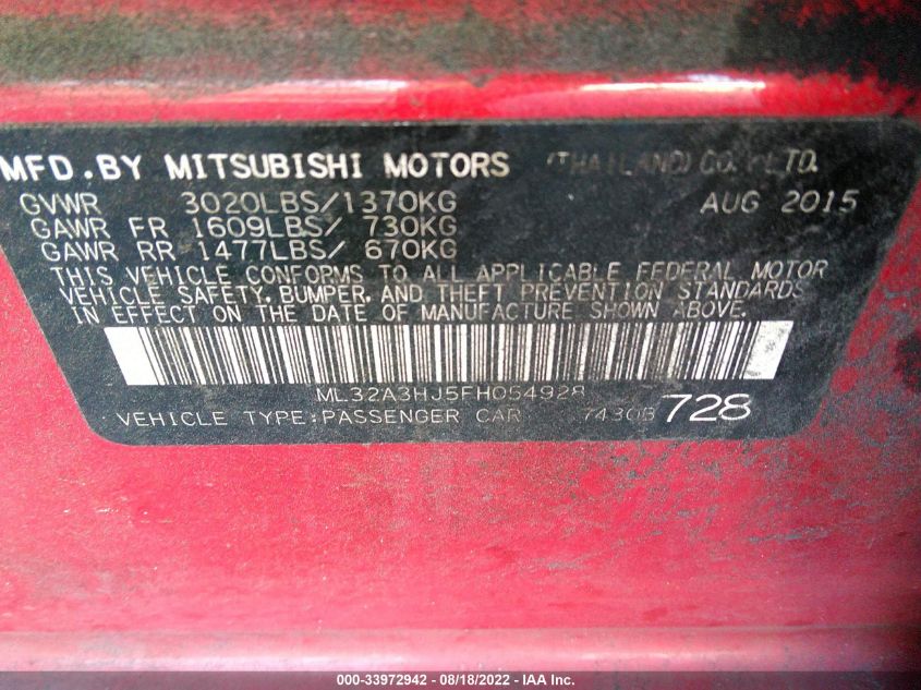 2015 MITSUBISHI MIRAGE DE/RF ML32A3HJ5FH054928