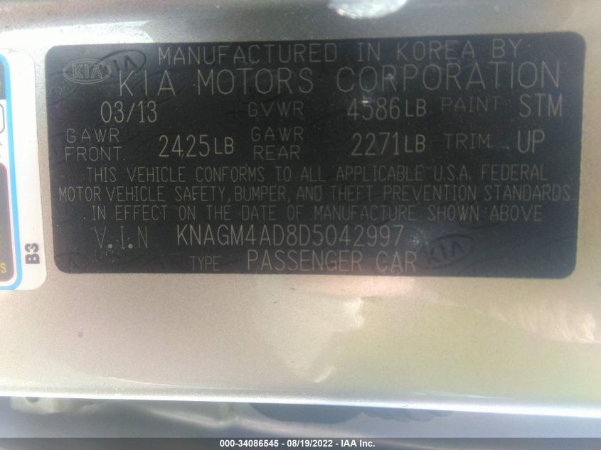 2013 KIA OPTIMA HYBRID LX KNAGM4AD8D5042997