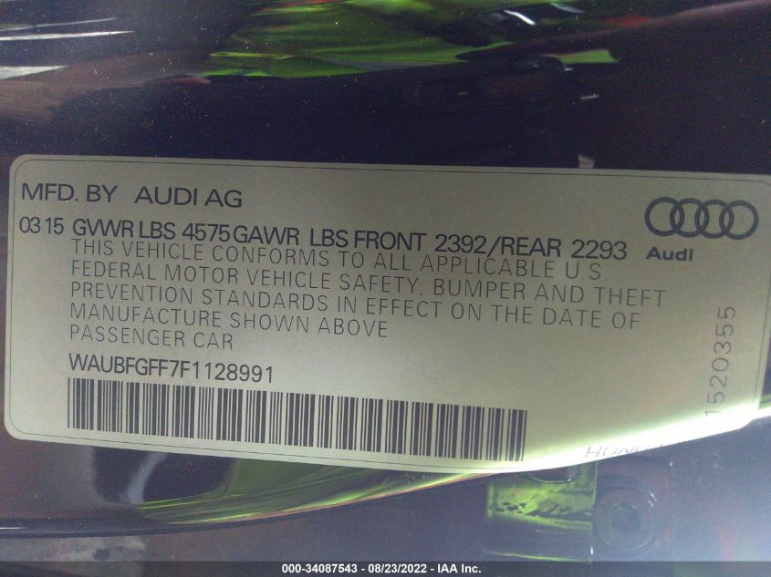2015 AUDI S3/A3 2.0T PREMIUM WAUBFGFF7F1128991