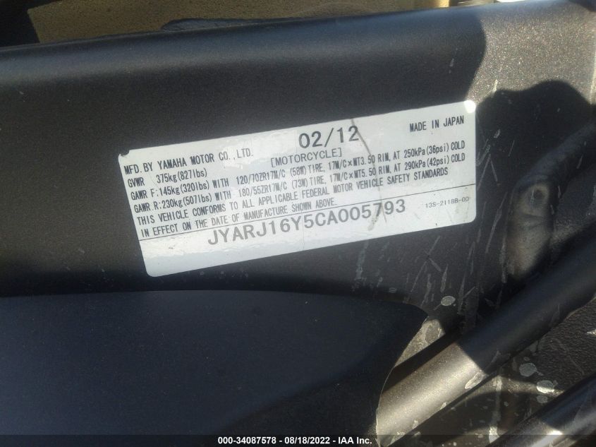 2012 YAMAHA YZFR6 C JYARJ16Y5CA005793
