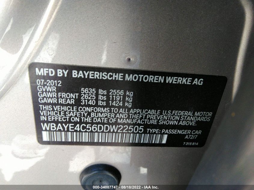 2013 BMW 7 SERIES 740LI WBAYE4C56DDW22505