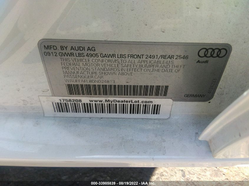 2013 AUDI A4 PREMIUM PLUS WAUFFAFL8DN024813