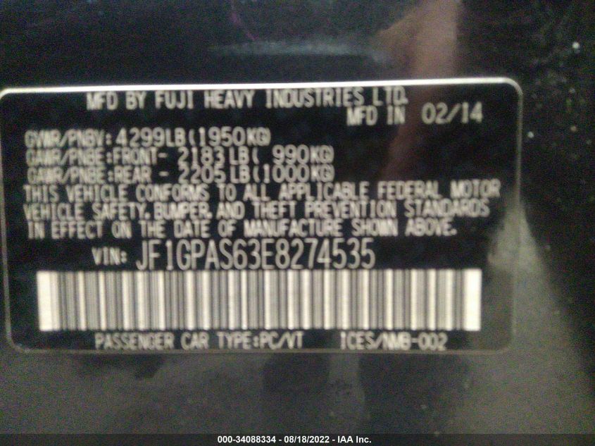 2014 SUBARU IMPREZA WAGON 2.0I SPORT LIMITED - JF1GPAS63E8274535