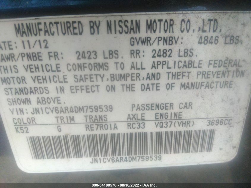 2013 INFINITI G37 SEDAN X JN1CV6AR4DM759539