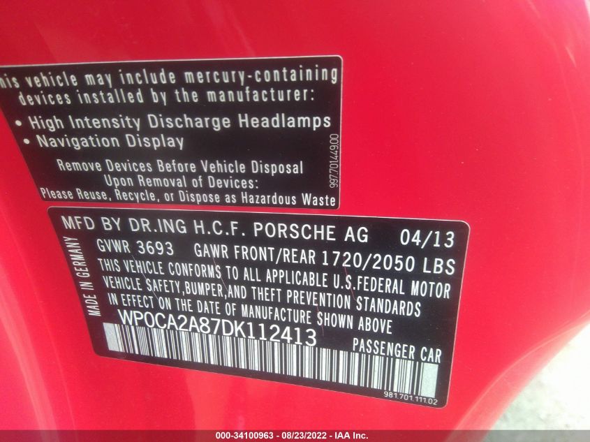 2013 PORSCHE BOXSTER WP0CA2A87DK112413