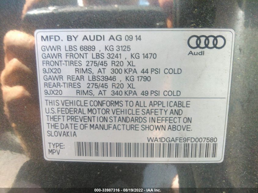 2015 AUDI Q7 3.0T S LINE PRESTIGE WA1DGAFE9FD007580