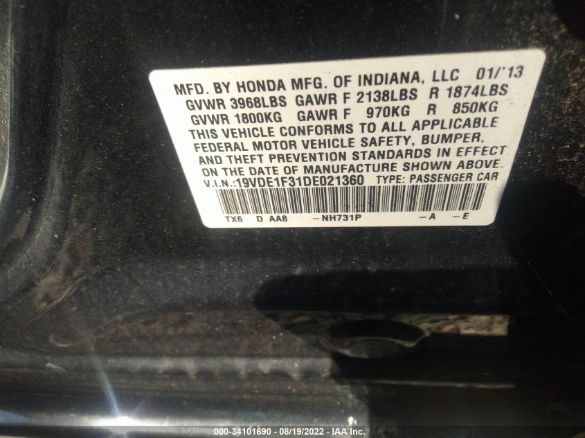 2013 ACURA ILX 19VDE1F31DE021360