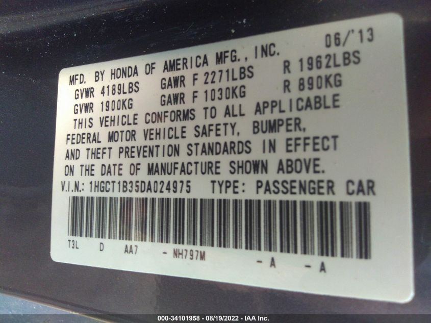 2013 HONDA ACCORD CPE LX-S 1HGCT1B35DA024975