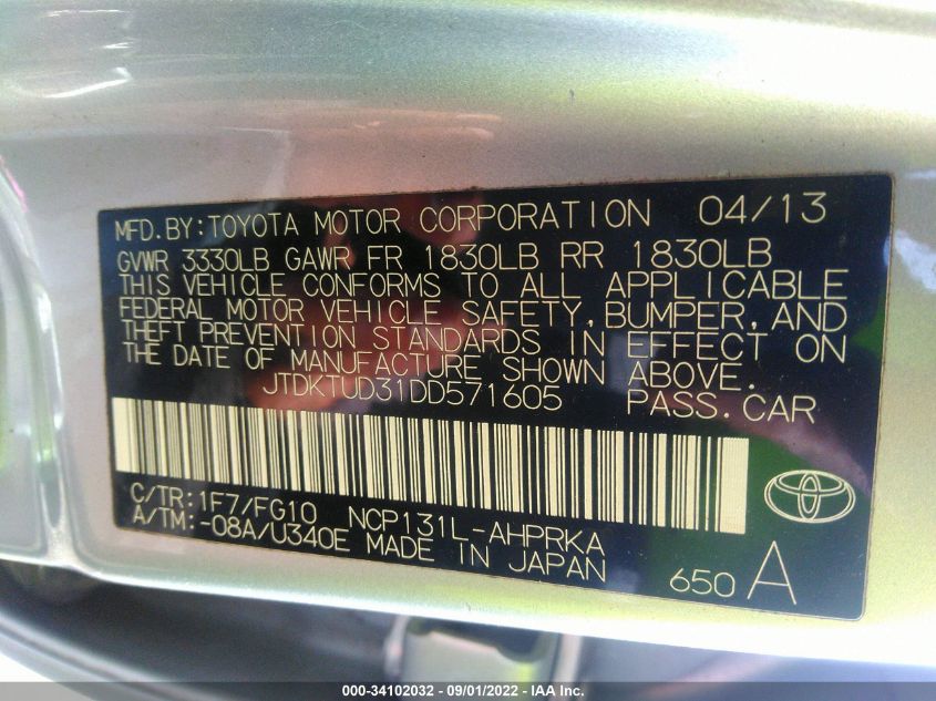 2013 TOYOTA YARIS LE JTDKTUD31DD571605