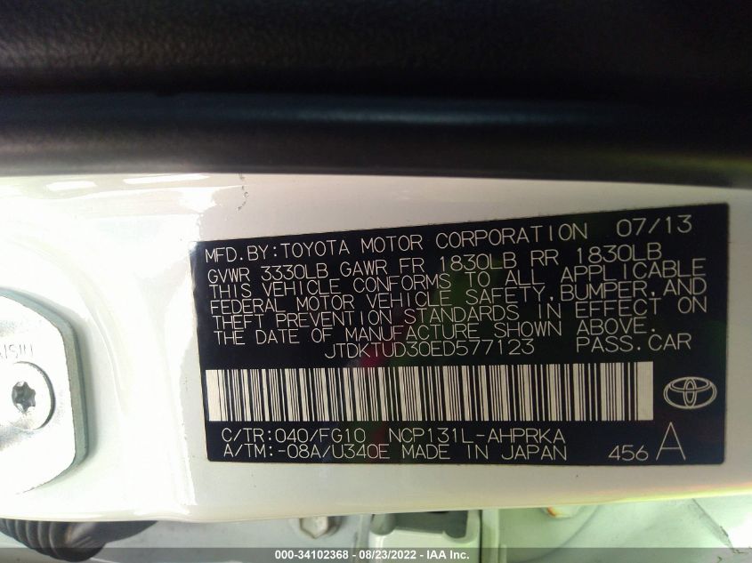 2014 TOYOTA YARIS LE JTDKTUD30ED577123