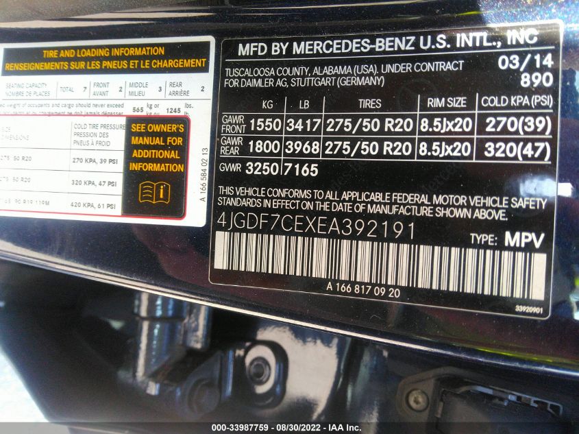 2014 MERCEDES-BENZ GL-CLASS GL 450 4JGDF7CEXEA392191