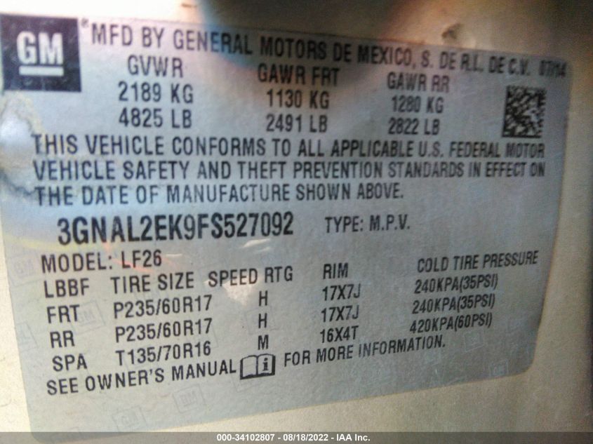 2015 CHEVROLET CAPTIVA SPORT FLEET LS 3GNAL2EK9FS527092