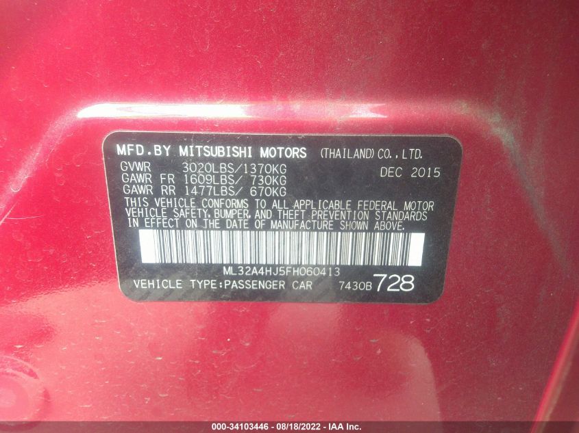 2015 MITSUBISHI MIRAGE ES/RF ML32A4HJ5FH060413