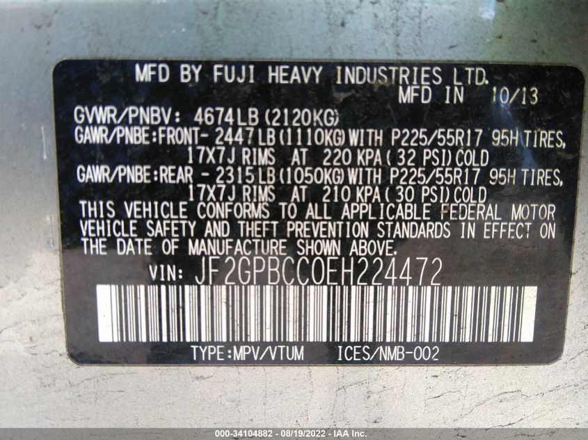 2014 SUBARU XV CROSSTREK HYBRID JF2GPBCC0EH224472